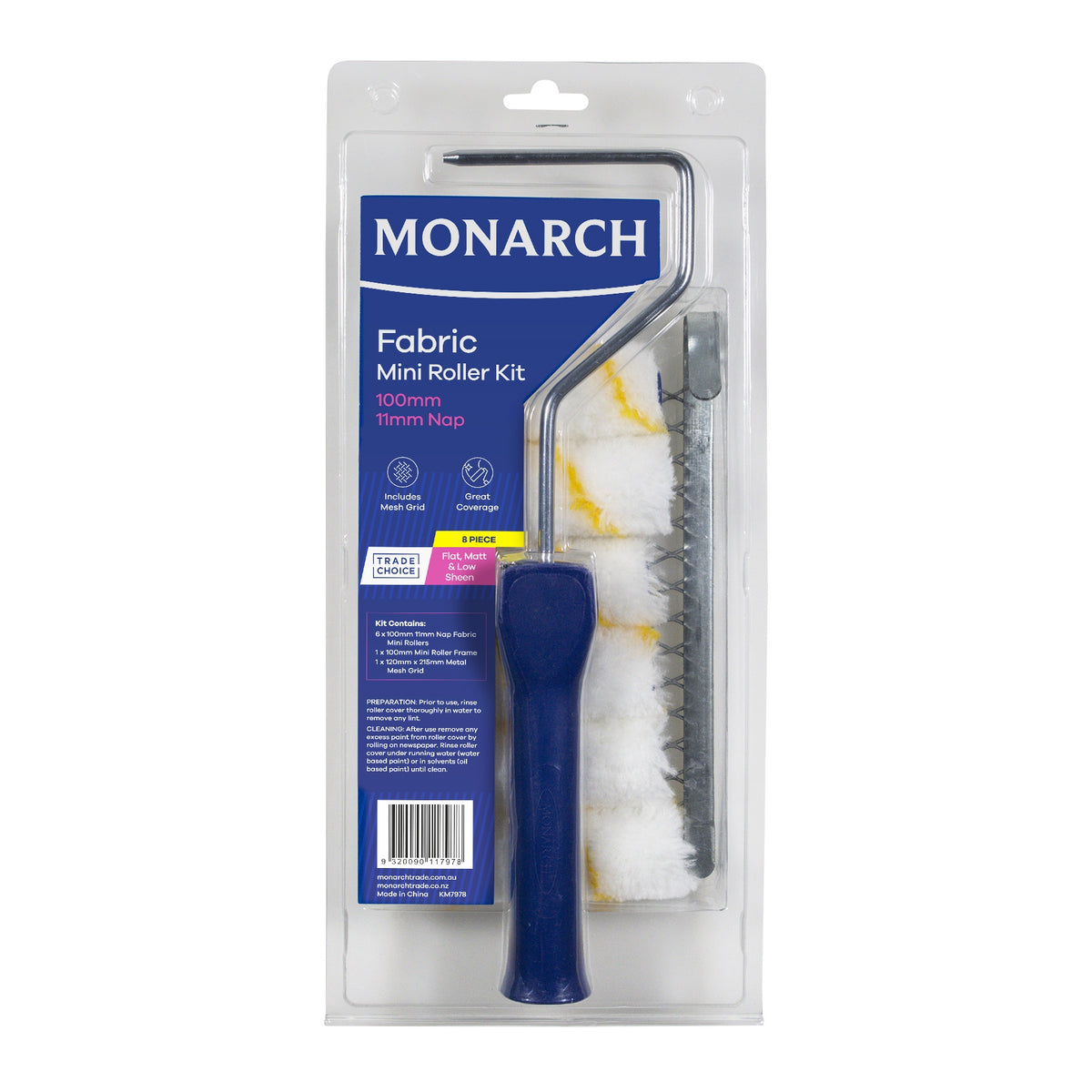 Monarch 100mm Microfibre Mini Roller Kit with Grid 11mm Nap 8 Pack